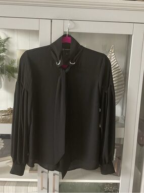 INC International Concepts Black Tie-Neck Long-Sleeve Blouse